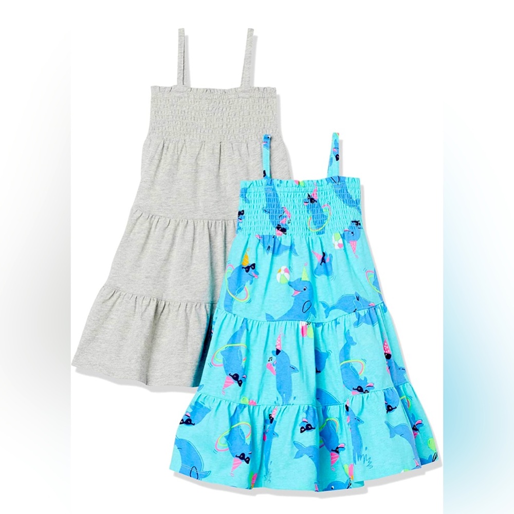 Amazon Essentials Girls' Knit Sleeveless Smocked Tiered Midi Dresses Pack of 2